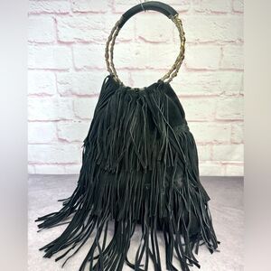 RARE Valentino Black Suede Fringe Hobo Bag